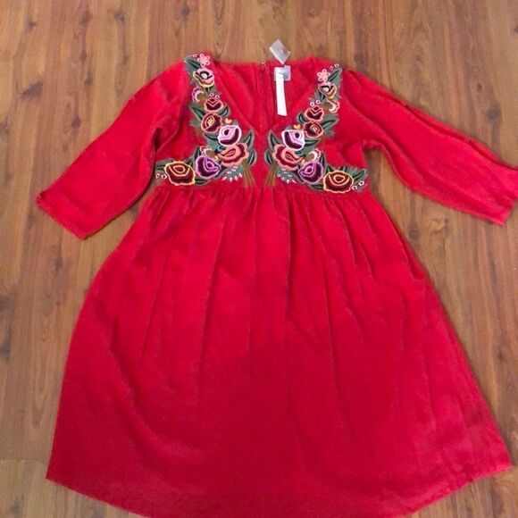 NWT ASOS Red embroidered V-neck dress with open sleeves size 4 - Picture 1 of 7